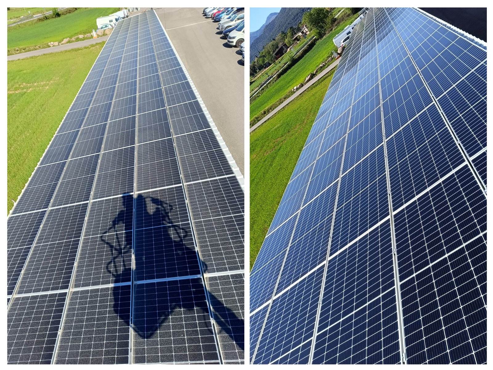 Limpieza paneles solares nave industrial — antes después Cataluña