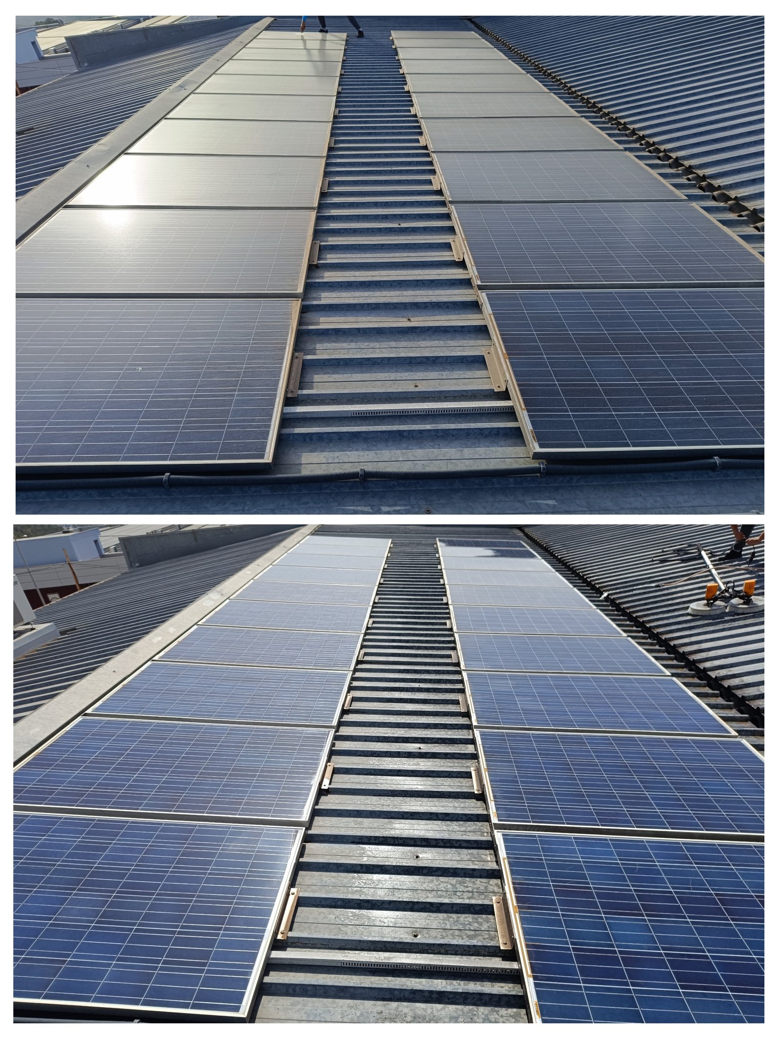 Antes y después limpieza paneles solares en cubierta industrial — vista amplia